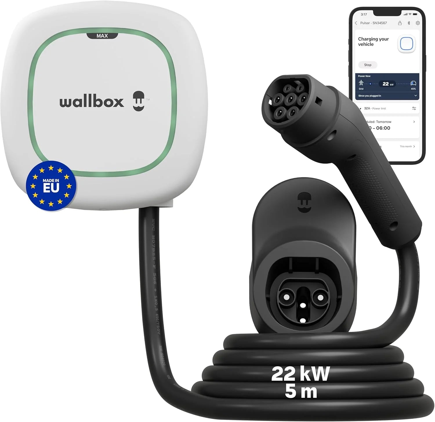 Wallbox Pulsar Max, oplader voor elektrische voertuigen (22 kW, type 2, wifi, Bluetooth, OCPP, binnen/buiten, 5 m, eenvoudige installatie), wit