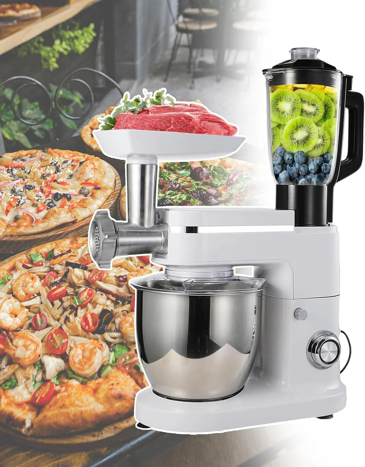 Staande mixer met vleesmolen, keukenmixer, ABS metalen behuizing, elektronische draaiknop, 6+P snelheidsstanden, roestvrijstalen mengkom van 6 liter, eenvoudig te gebruiken (White)(Wit)
