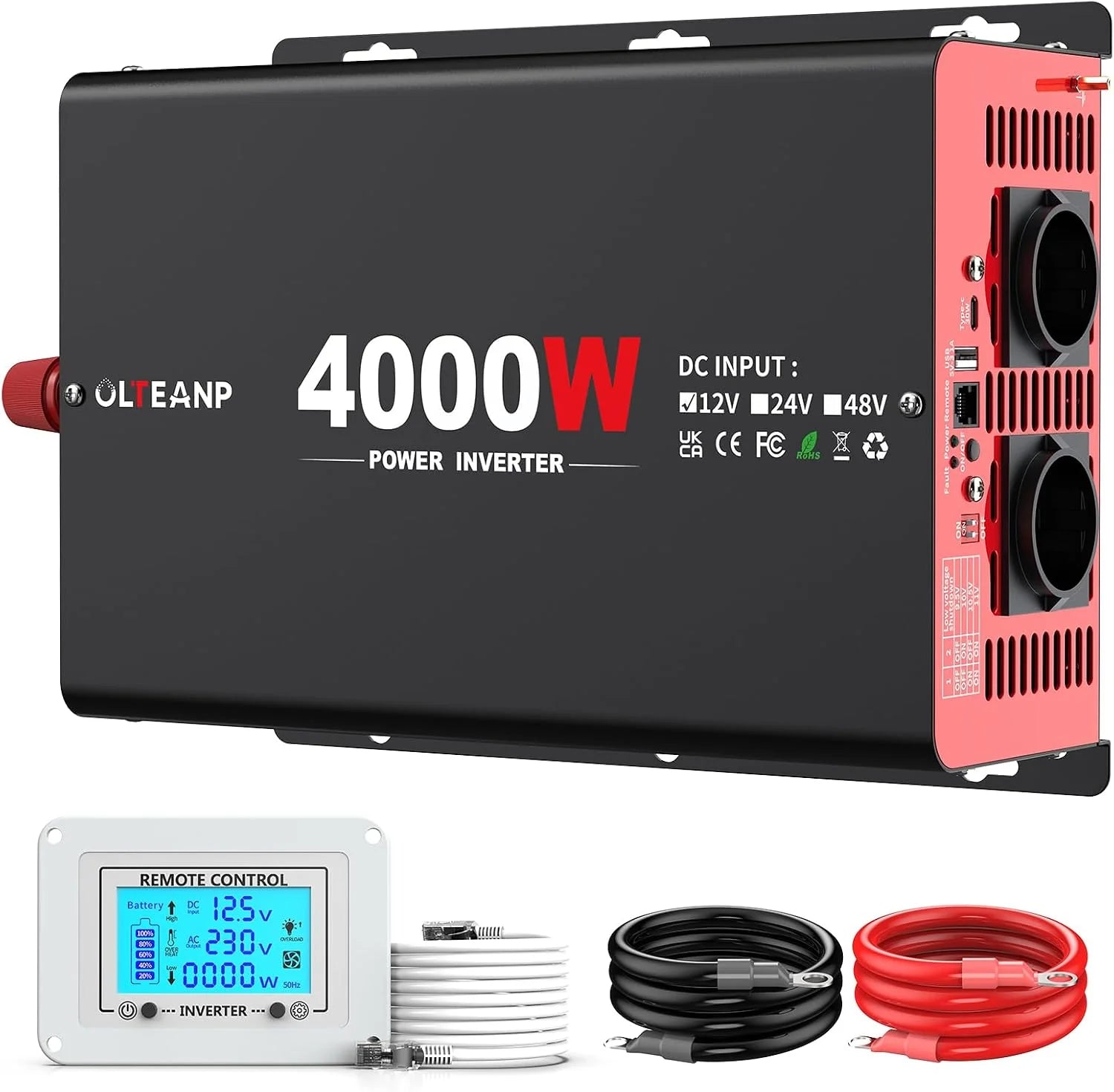 Omvormer, 4000 W, 12 V naar 230 V, gemodificeerde sinusomvormer met 2 AC-uitgangen, 30 W Type-C-poort, 3,1 A USB-poort, afstandsbediening op lcd-scherm, stroomomvormer voor vrachtwagens, huis