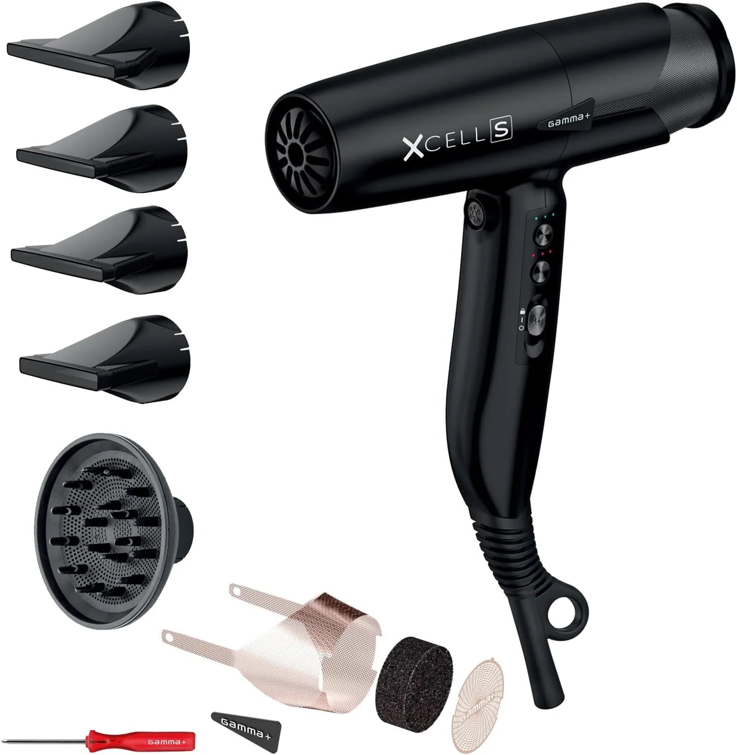 GAMMA+ Xcell S Ionic Föhn, Lichtgewicht Professionele Föhn 290gr, Bacteriële En Ontsmettende Werking, Stil, Smart Memory, Led-Bedieningsinterface, Zelfreinigende Technologie (SCHUKO stekker | Mat gold rose)(SCHUKO-Stecker/Mat Zwart)