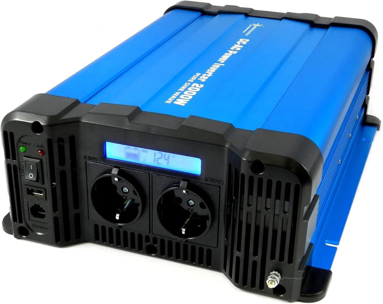 solartronics Spanningsomvormer FS2000D 12V 2000/4000 Watt Pure Sinus BLAUW m. Display FS Serie LiFePO4 / lithium, lood-, gel of AGM-batterij compatibel inverter omvormer(automatisch)