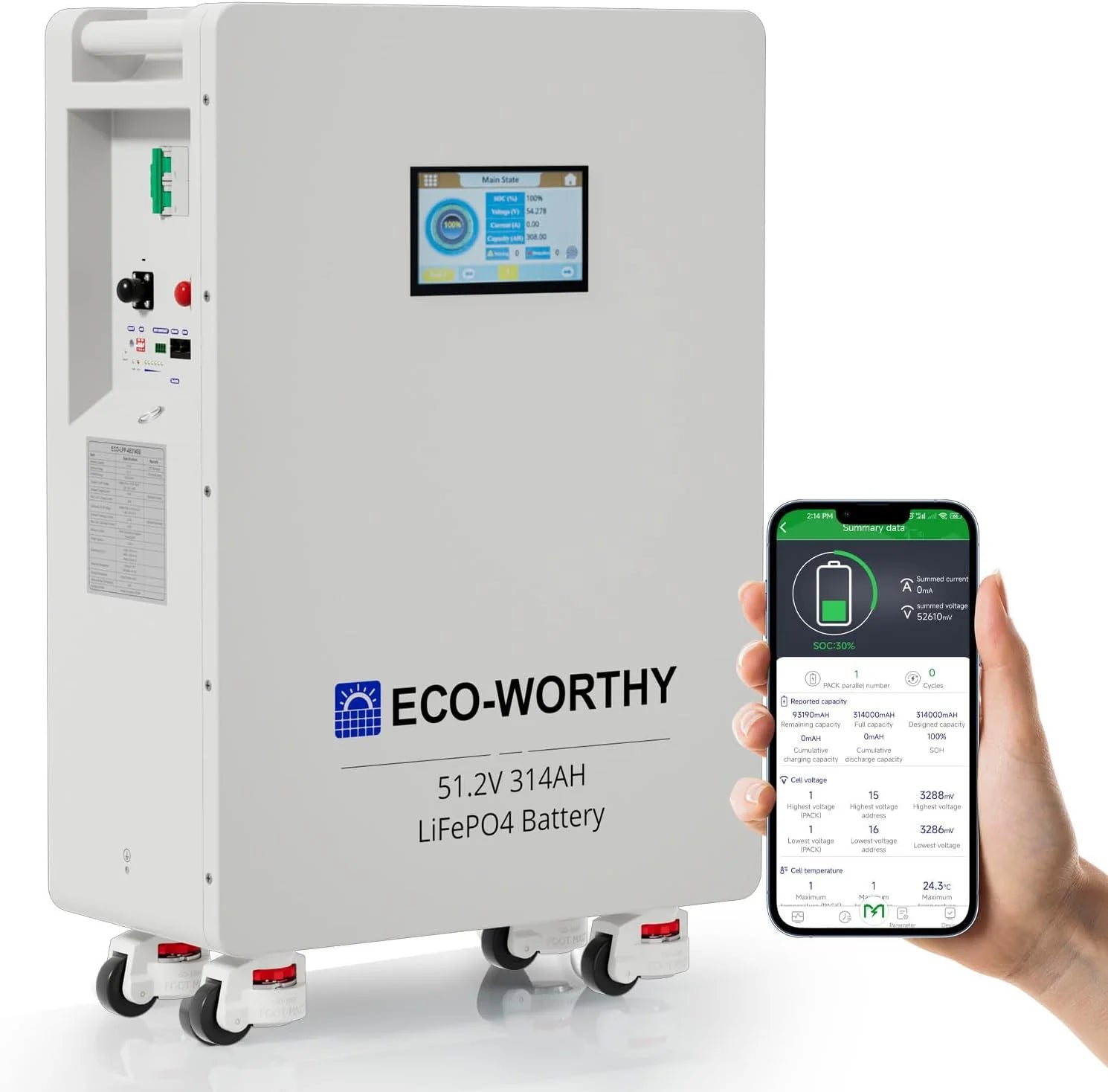 ECO-WORTHY LiFePO4 accu 48 V 314 Ah 16,1 kWh stroomopslag en stroomonderbrekers 200A PACE BMS RS485/CAN/RS232 voor noodstroomvoorziening thuis netonafhankelijke toepassingen zonne-installaties
