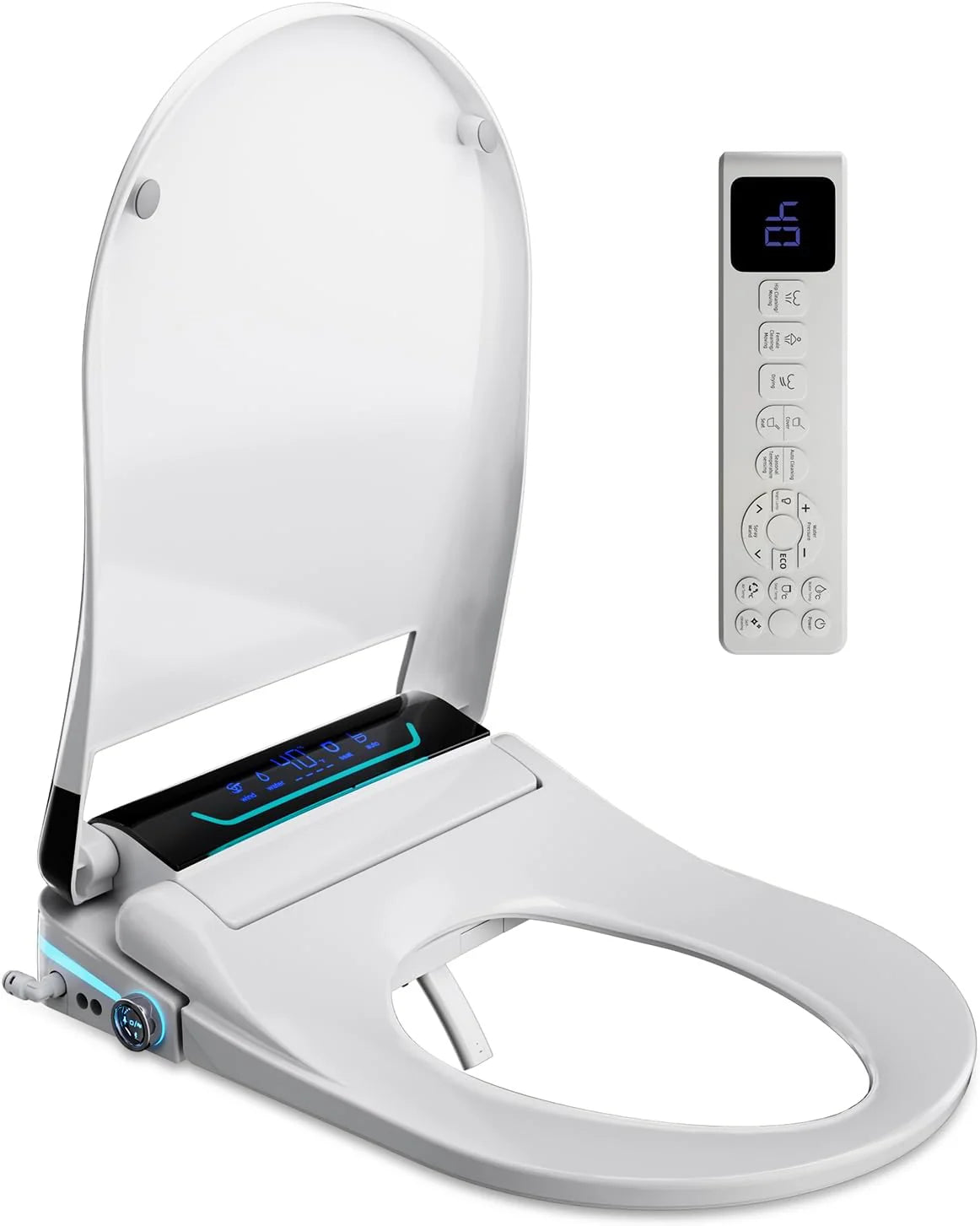 Slimme toiletzitting met bidet en sproeier, Japanse toiletzitting met verwarmde zitting, douchetoilet met automatisch deksel en aromatherapie, elektronisch bidet met warm water, föhn en nachtlampje