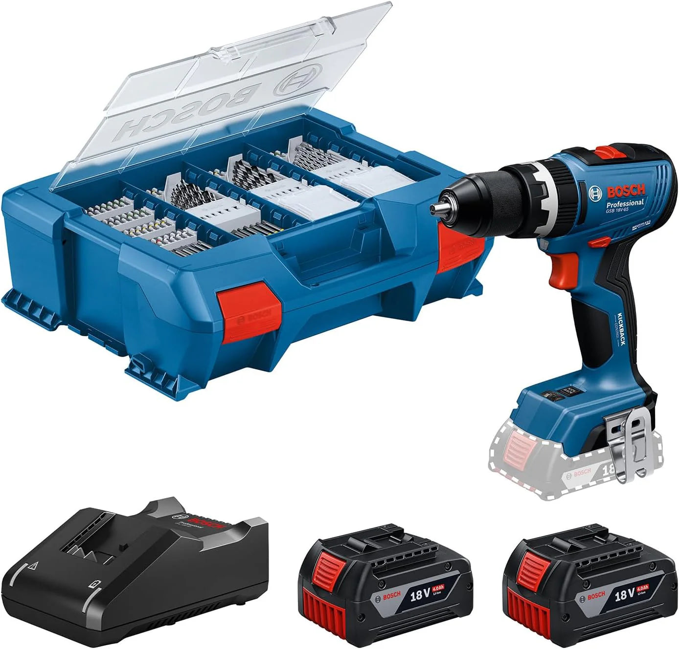 Bosch Professional 18V System accuschroefklopboormachine GSB 18V-65 (borstelloze motor, koplengte 175, incl. 2 x GBA18V 4.0Ah-accu's, 82AC, L-Case)