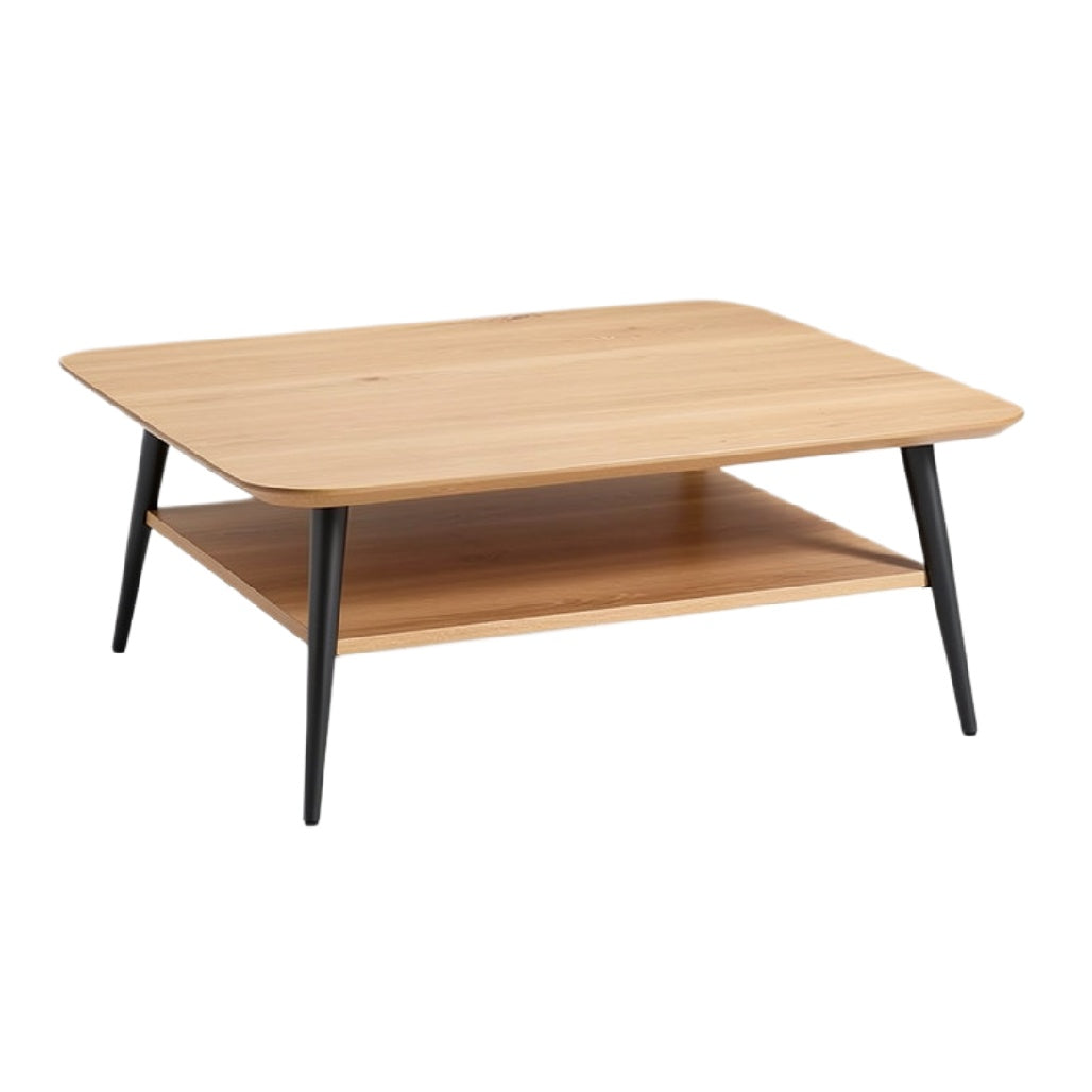 Moderne houten salontafel met zwarte metalen poten en onderblad