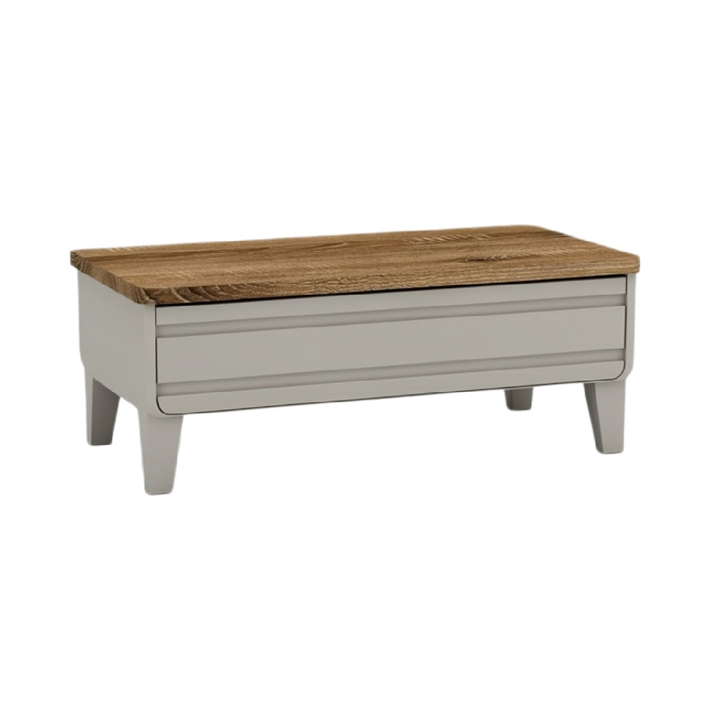 "Moderne salontafel met houten blad en opberglade"