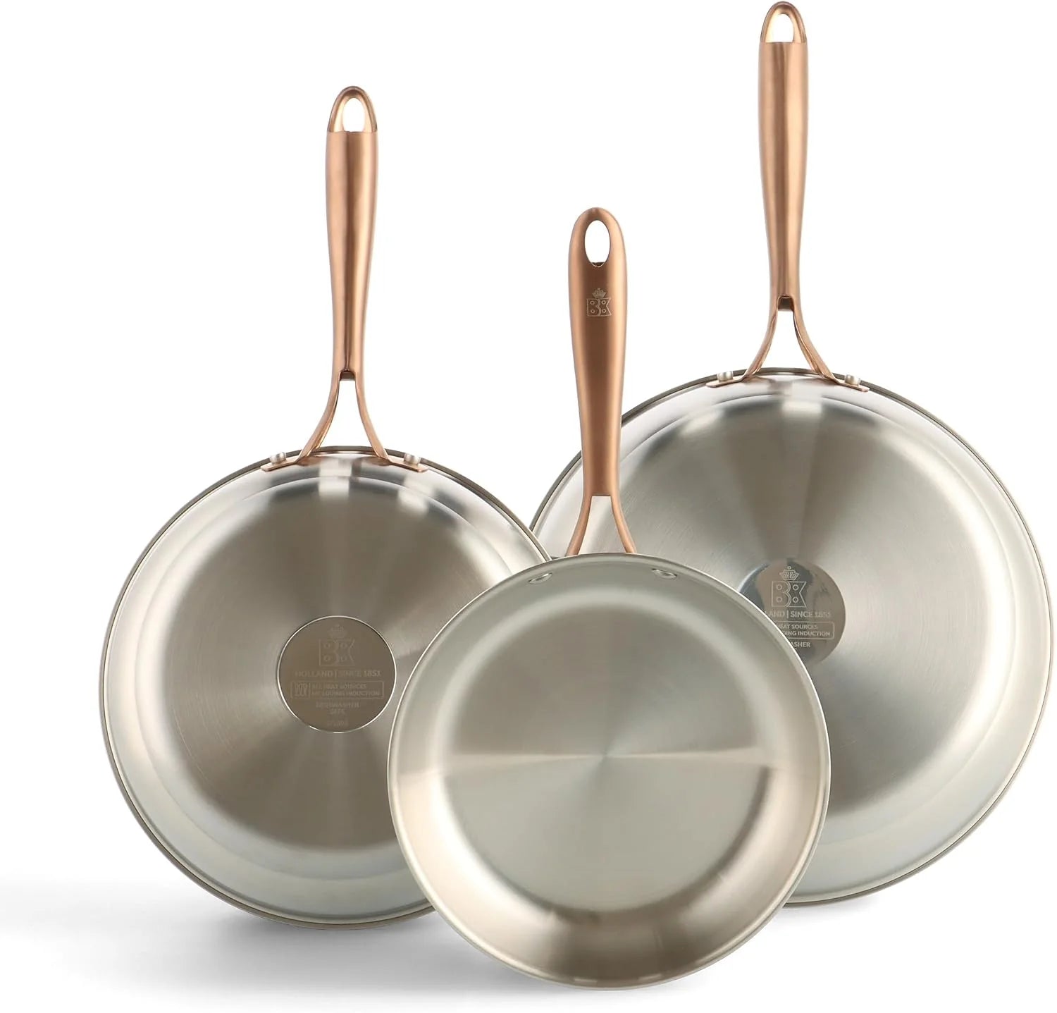 BK Rose RVS Pannenset 5-delig, Inductie, Koekenpan, Wok, Braadpan  Keukengerei, Ongecoat, Roségoud-Koperen Handgreep, Ovenbestendig tot 230 °C, Vaatwasmachinebestendig, Premium 18/10 RVS, Zilver(3-teiliges Set)