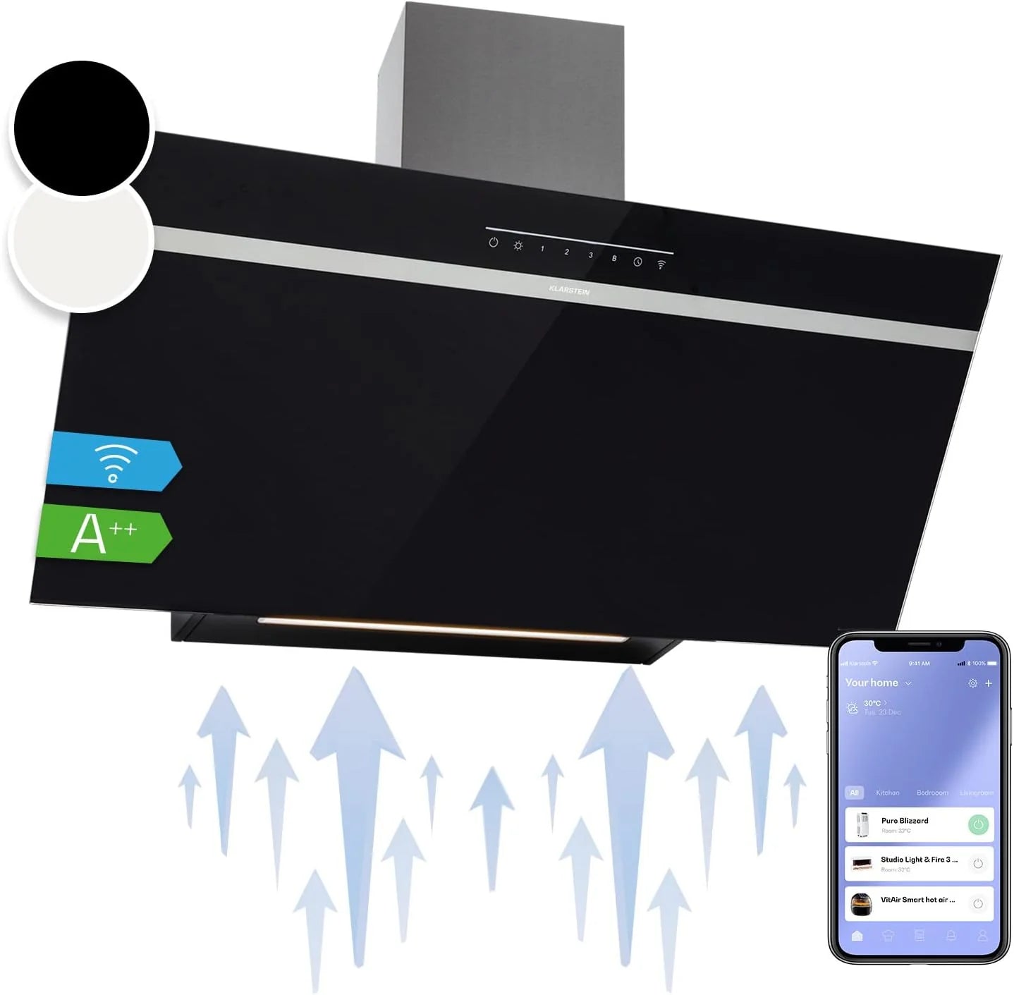 Klarstein Afzuigkap 90 cm, afzuigkap, afzuigkap, afzuigkap met vetfilter, lot/wifi, RGB-ledlampen, luchtstroom 514 m³/h, geluidsarme afzuigkap klasse A++