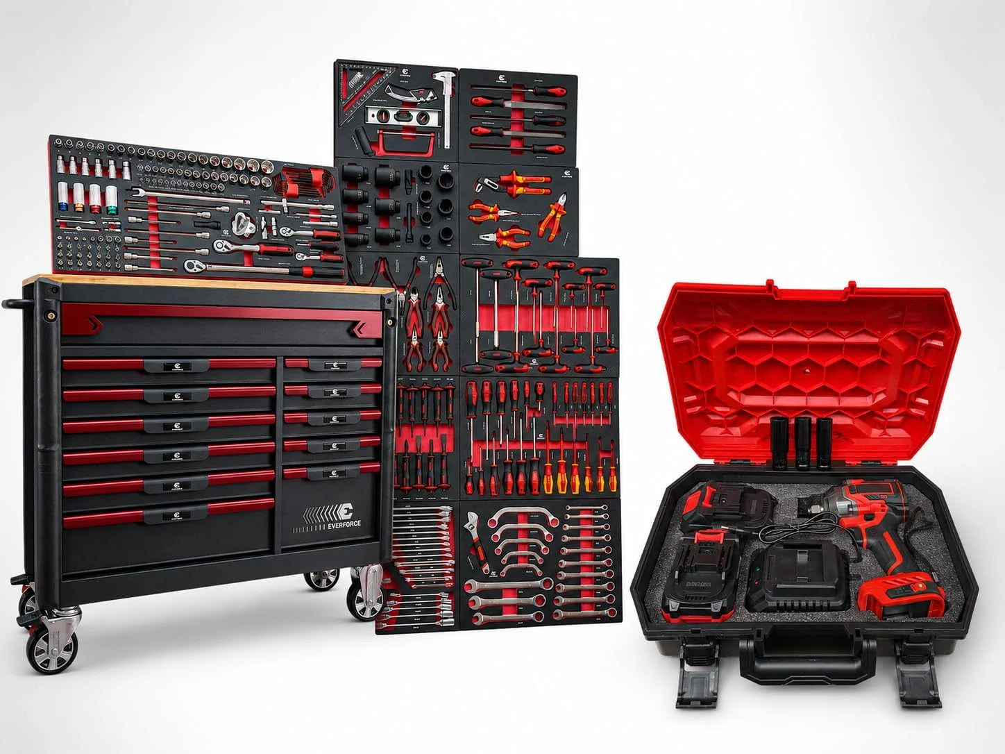 DeTec. Werkplaatswagen Heavy Duty Edition met houten plaat 12 laden 11 gevuld + accu slagmoersleutel combiset