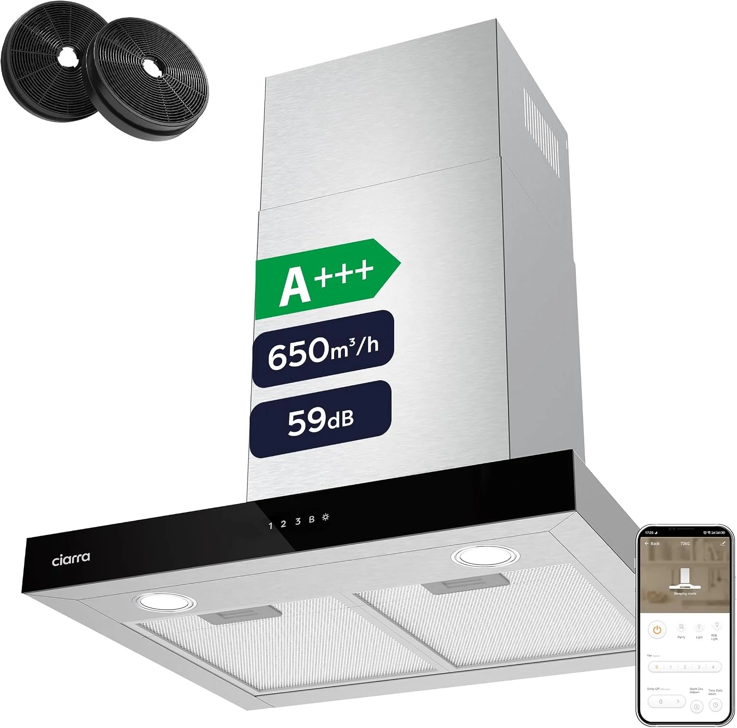 CIARRA CBCW6102 Afzuigkap 60 cm Wi-Fi App Touch Control met CBCF003 Koolstoffilters Schoorsteen Ventilatiekap 600 mm met dimbare LED-verlichting kanaal- en recirculerende keukenafzuigventilator - wit(Zliver)