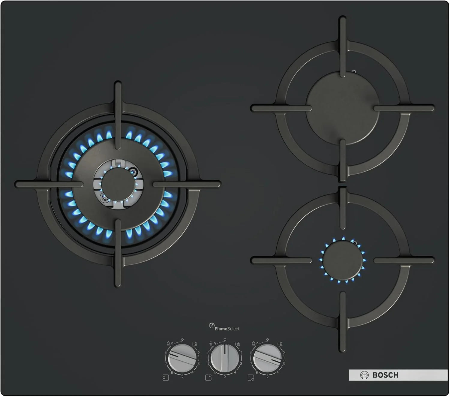 Bosch Gaskookplaat, serie 6, 3 kookzones, FlameSelect, GasStop, zwart, PPC6A6I10(60 cm/3 zones met 4 kW wok)
