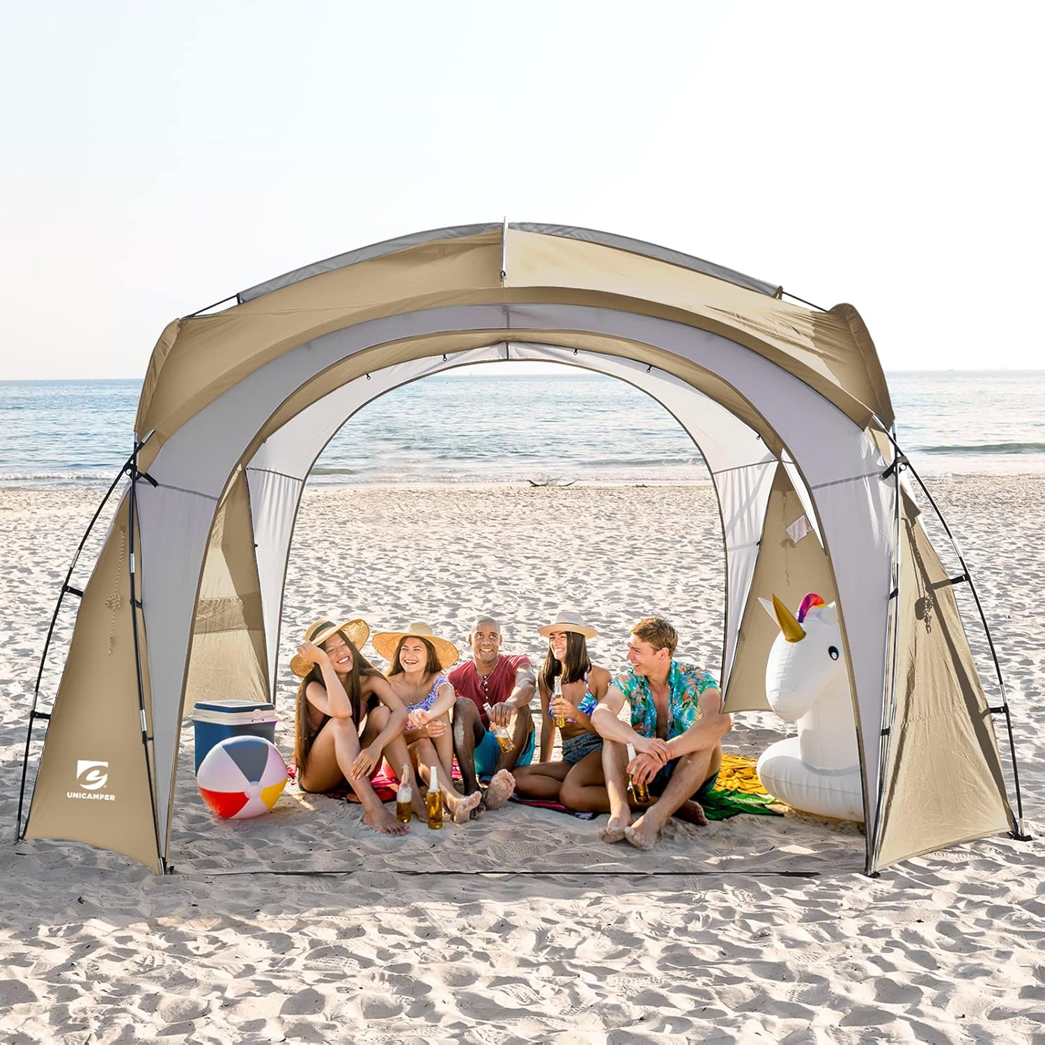 UNICAMPER Grote strandluifeltent UPF 50+ 3,7 x 3,7 m waterdichte en regenbestendige koepel zonnescherm voor 8-10 personen met 2 zijwanden, perfect voor kamperen, achtertuin, vissen, feesten, picknicks(KhakiH-Upgrade)