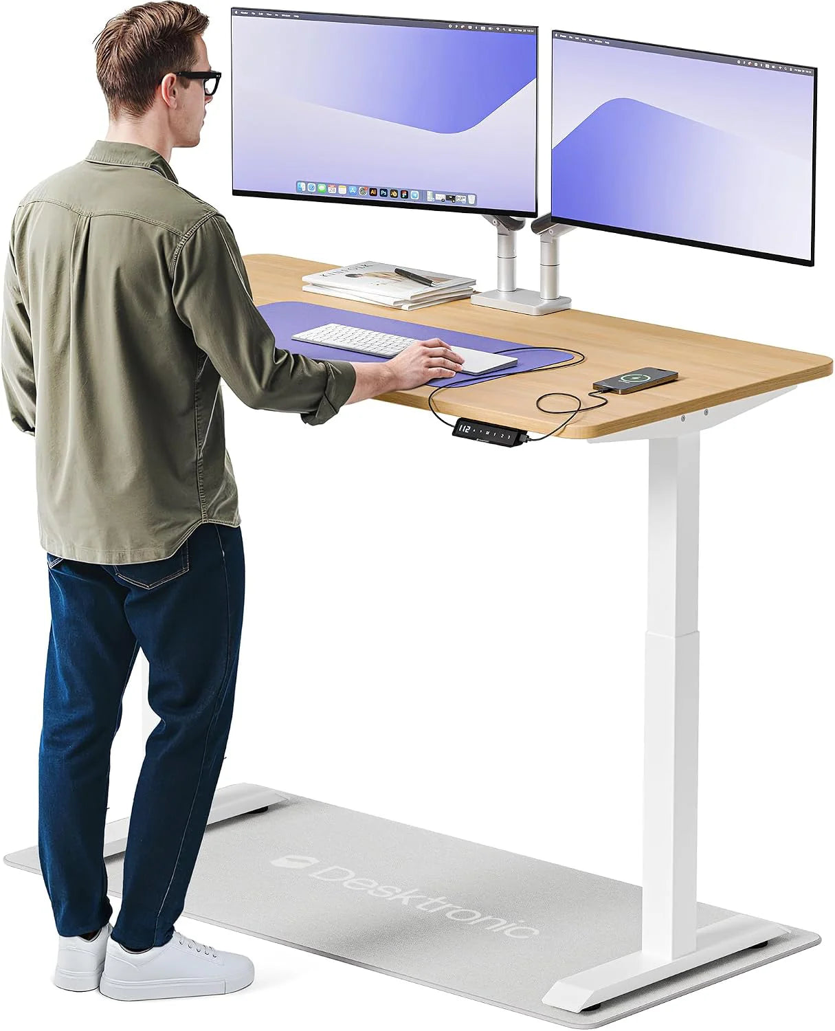 Desktronic Bureau HomeOne - in hoogte verstelbaar 160 x 80 cm - snel tweemotorig zit sta bureau - zeer stabiel elektrisch staand bureau - uit één stuk tafelblad staand bureau - Touchscreenbediening(1.4 Wit + Eiken/140 x 70 cm)
