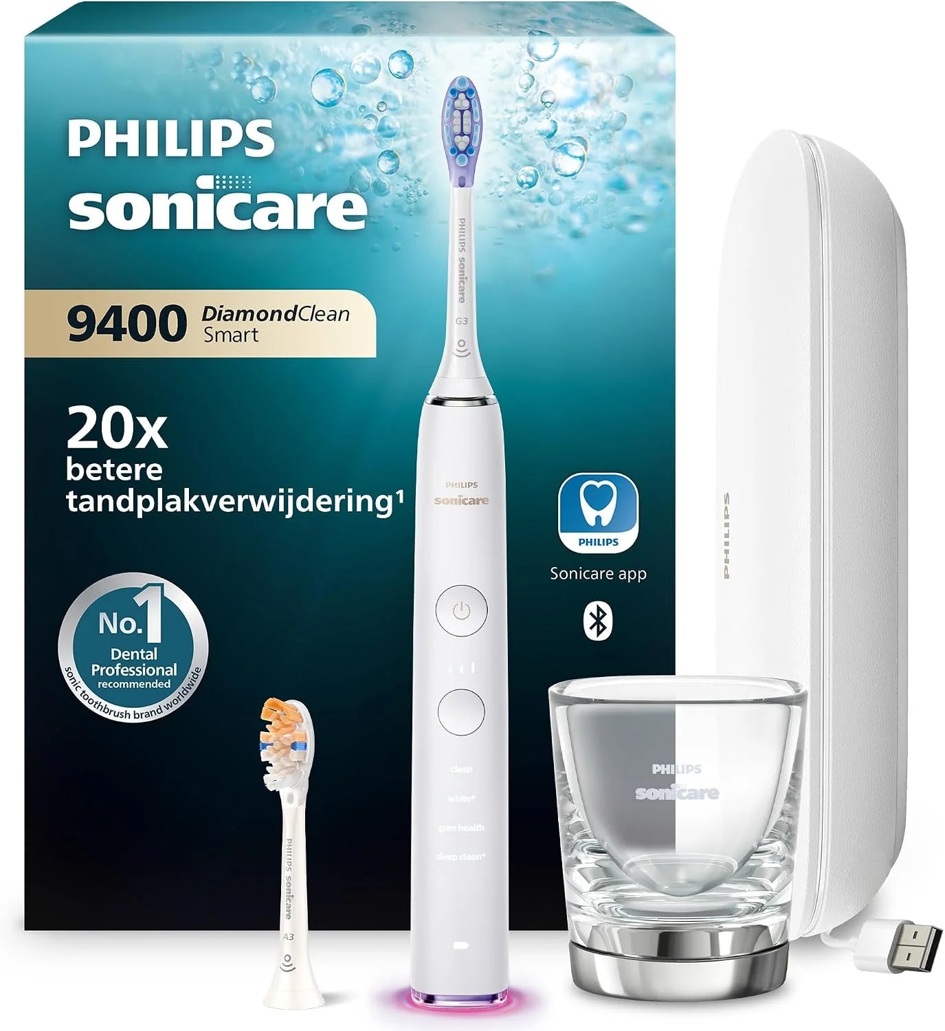 Philips Sonicare DiamondClean 9400 elektrische tandenborstel met app, Grijs (Model HX9917/90)(Wit/2 Borstels)