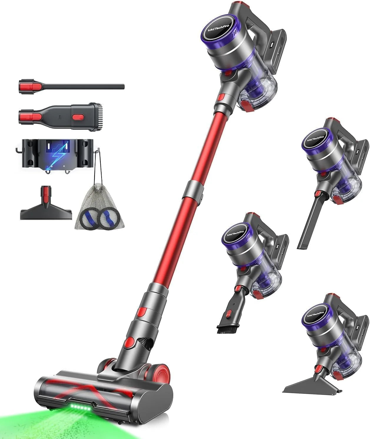 VACTechPro Draadloze stofzuiger, verticale stofzuiger, rood en paars