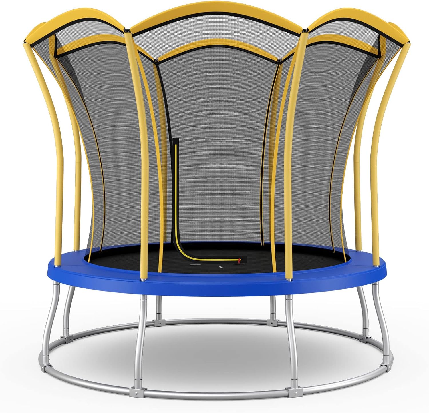 COSTWAY φ244 cm/305 cm tuintrampoline met bloemenvorm, GS-gecertificeerd, trampoline outdoor met veiligheidsnet, gevoerde stangen en randafdekking, kindertrampoline, complete set tot 190 kg belastbaar(blauw en geel./φ305cm)