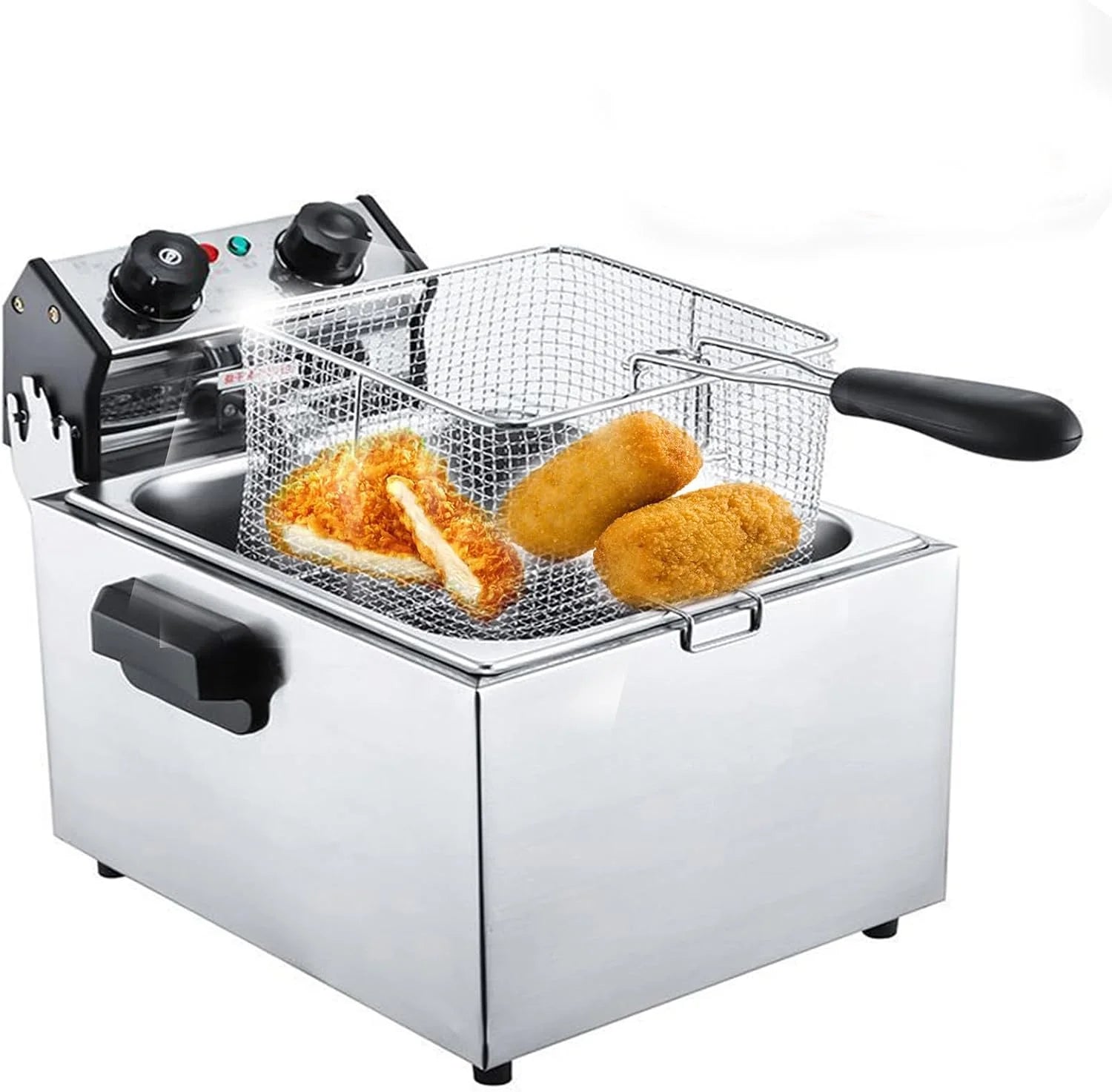 Grote frituurpan met zeefmand, instelbare temperatuurtimer, perfect voor gefrituurde kip, garnalen en meer, verwijderbare oliecontainer (2x 6 liter)(6L)