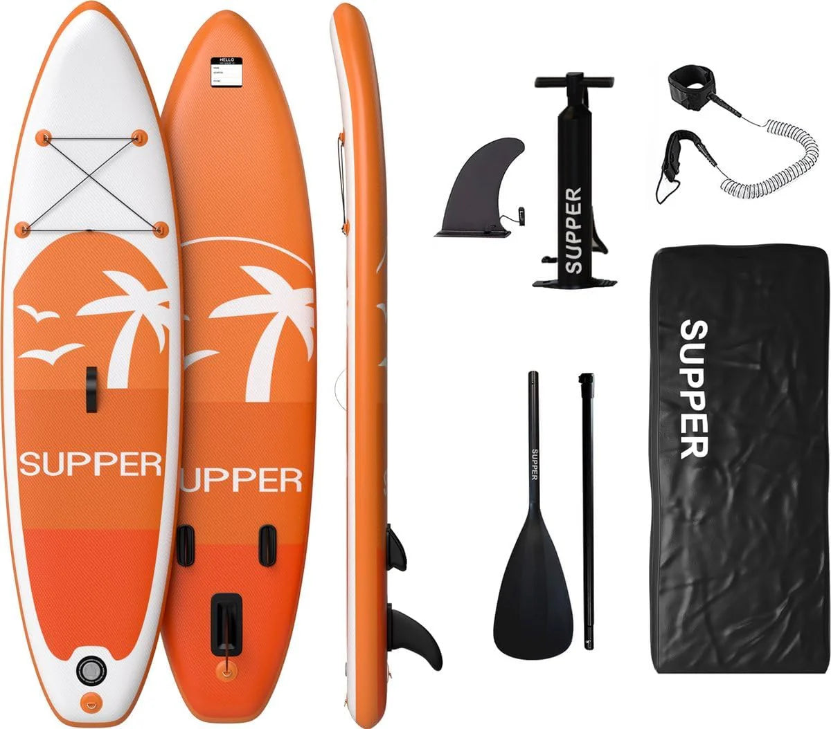 SUPPER SUP Board 335 cm x 81 cm (Blauw XL) - Opblaasbaar Stand Up Paddle Board met Accessoires inclusief Zitje | Ideaal voor Yoga, Kajak en Paddelsurfen | Tot 220 kg(Oranje/285 cm x 76 cm)