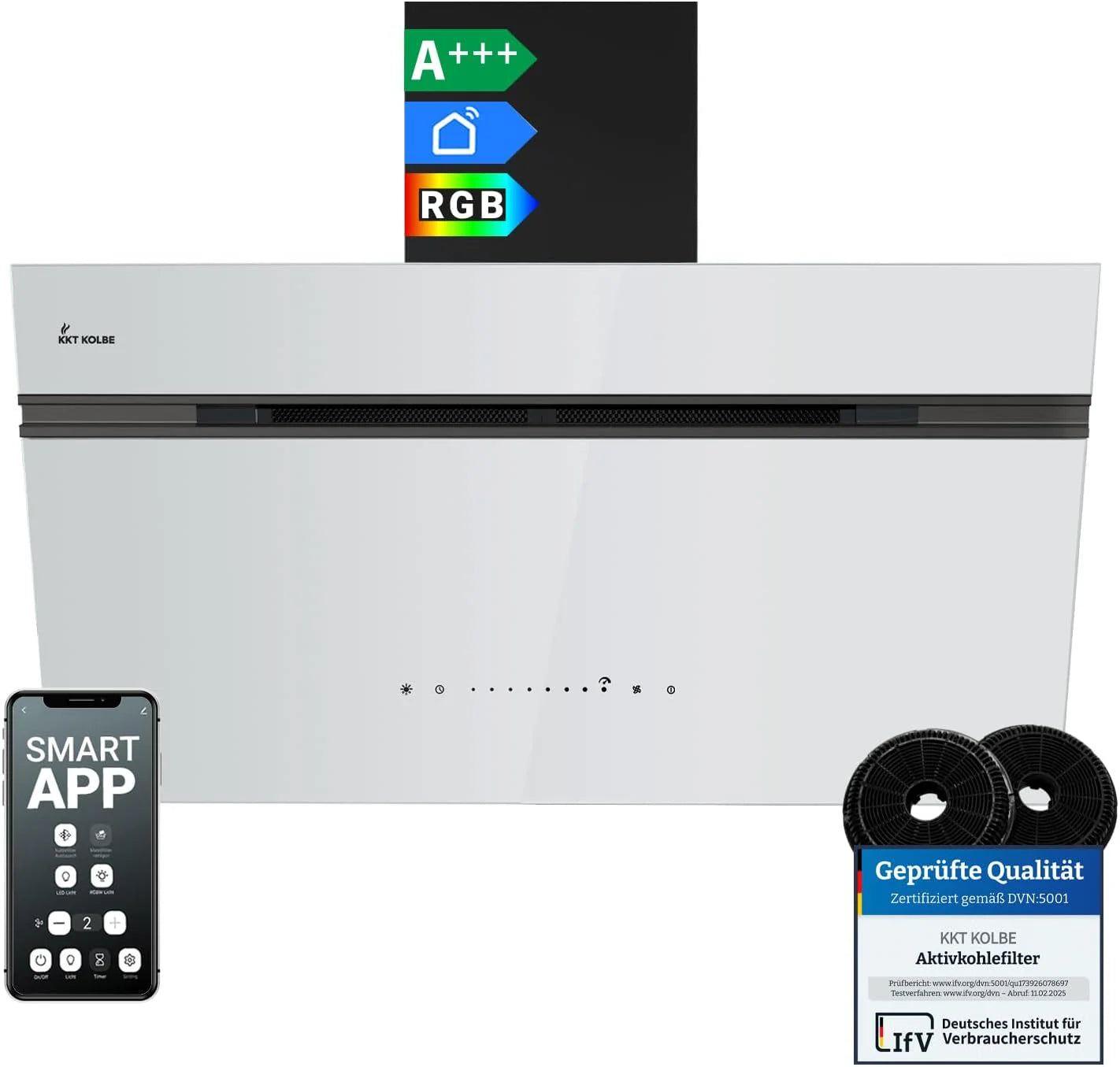 KKT KOLBE AURORA9005SW Afzuigkap, 90 cm, 782 cbm/h, convectie, afvoerlucht, kopvrije wandkap, zwart/wit glas, automatische naloopfunctie, Smart wifi-app, WLAN, SensorTouch, RGBW ledverlichting, A+++