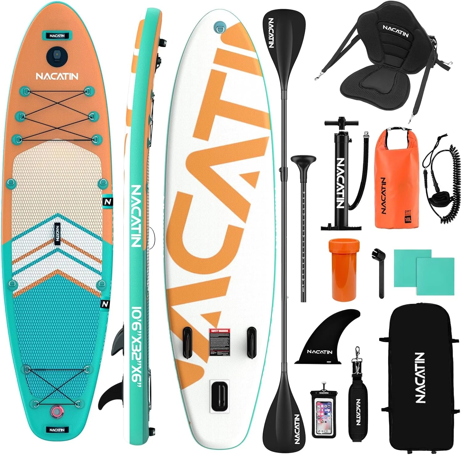 NACATIN Opblaasbare stand-up planken 10'6 inch peddel met verstelbare peddel reisrugzak, pomp, waterdichte tas 10 l, riem, accessoires inbegrepen(blauw, oranje, donkerblauw)