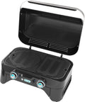 Campingaz Attitude 2100 LX Gasgrill, draagbare tafelgrill met 2 stalen branders, 5 kW vermogen, campinggasgrill met deksel, thermometer en gietijzeren grillrooster, zwart(Attitude 2100 EX/Single)