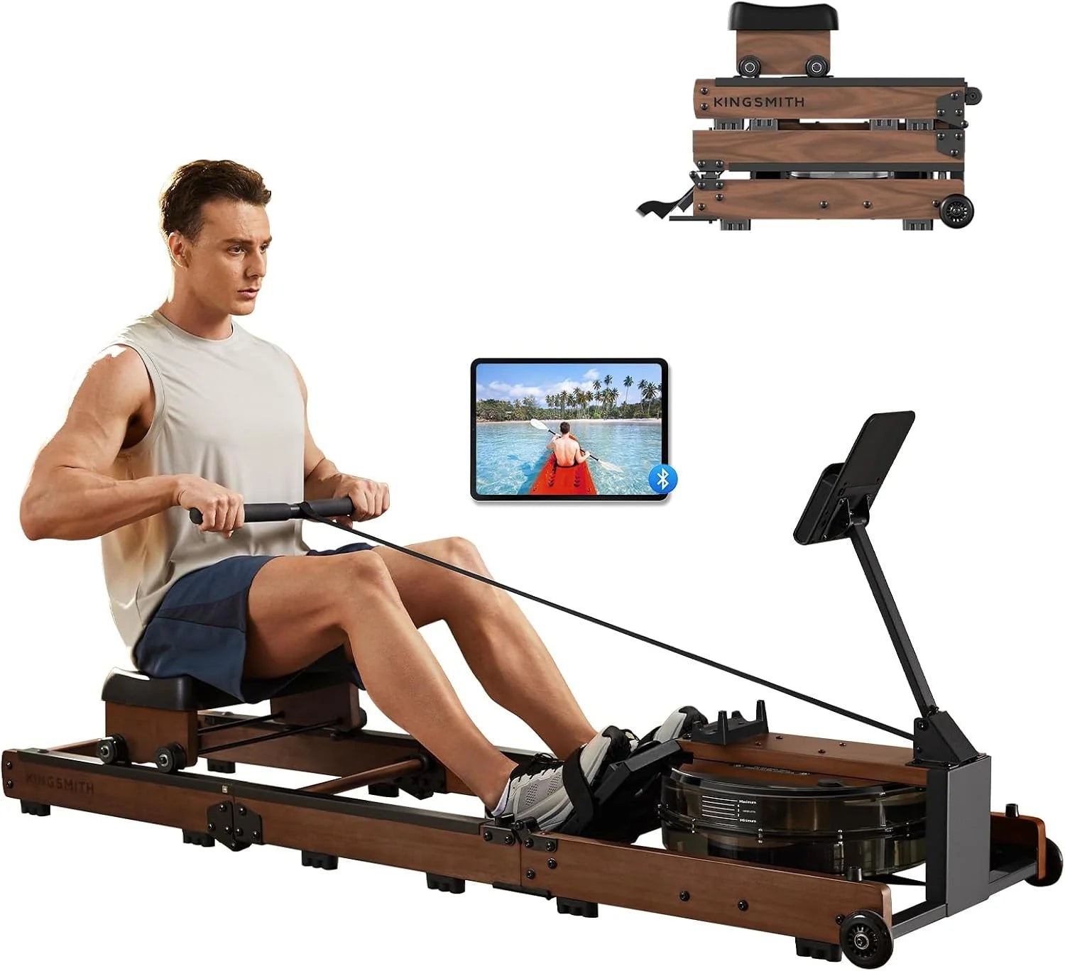 Roeitoestel voor Thuis, Waterroeiapparaat Opvouwbaar met 5 Niveaus Aanpassing, Roeimachine voor Thuis van Eikenhout, 180 kg Gewichtscapaciteit met LED-monitor, App-compatibele Walnoot