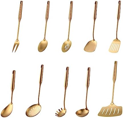 10-delige roestvrijstalen keukengereedschapset - premium titanium geplateerd kookgerei inclusief lepels, spatel, draaiers, pollepel, duurzame accessoires voor thuiskoks, 18/8 roestvrij staal(Gold)