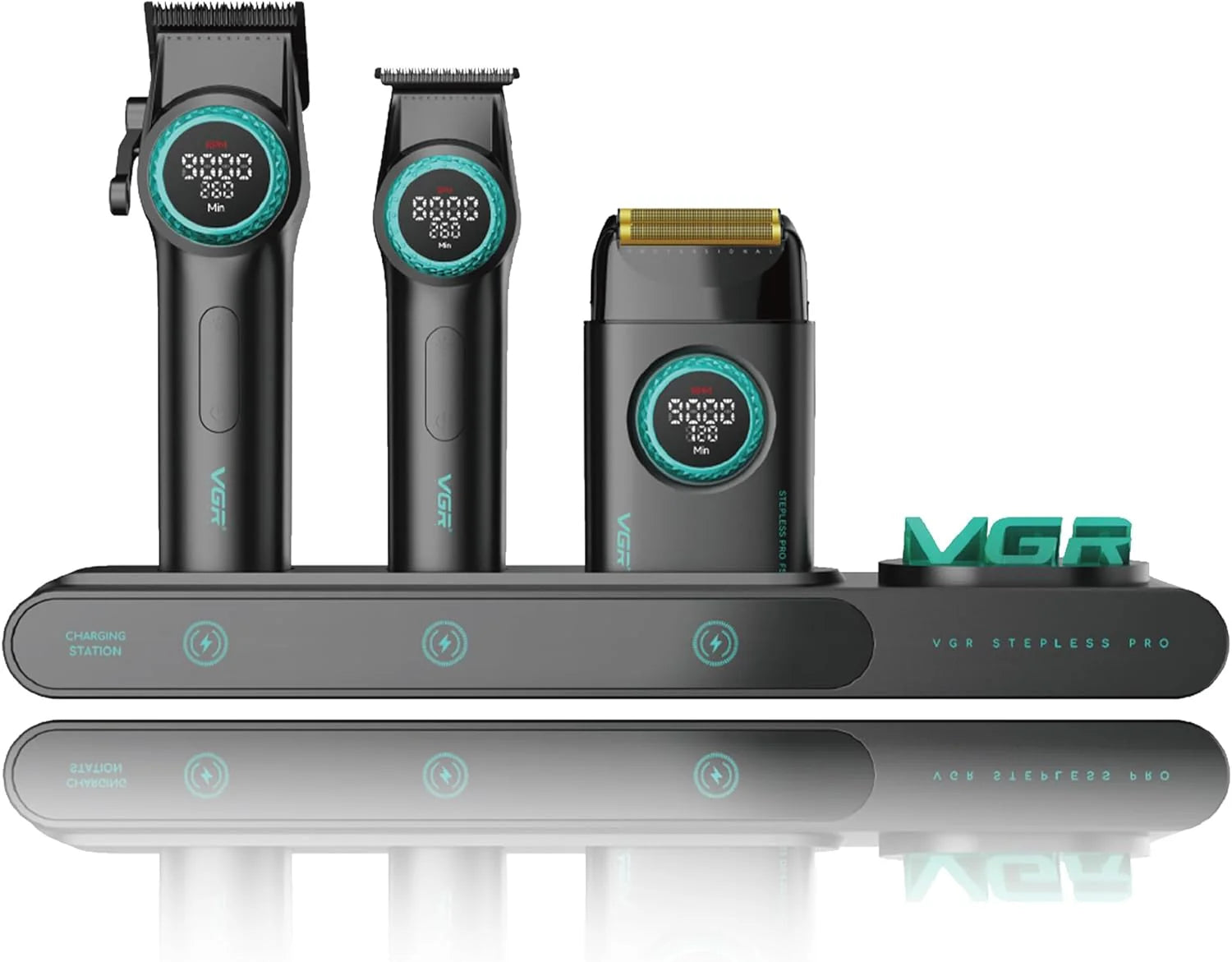 VGR Professional Barber Combo van Tondeuse, Trimmer, Foliescheerapparaat en Ionische Föhn, 4-in-1 Compleet Set met Krachtige Upgraded Motor, Oplaadstation, LED-display, Luxe Opbergkoffer, Zwart(3in1zwart)