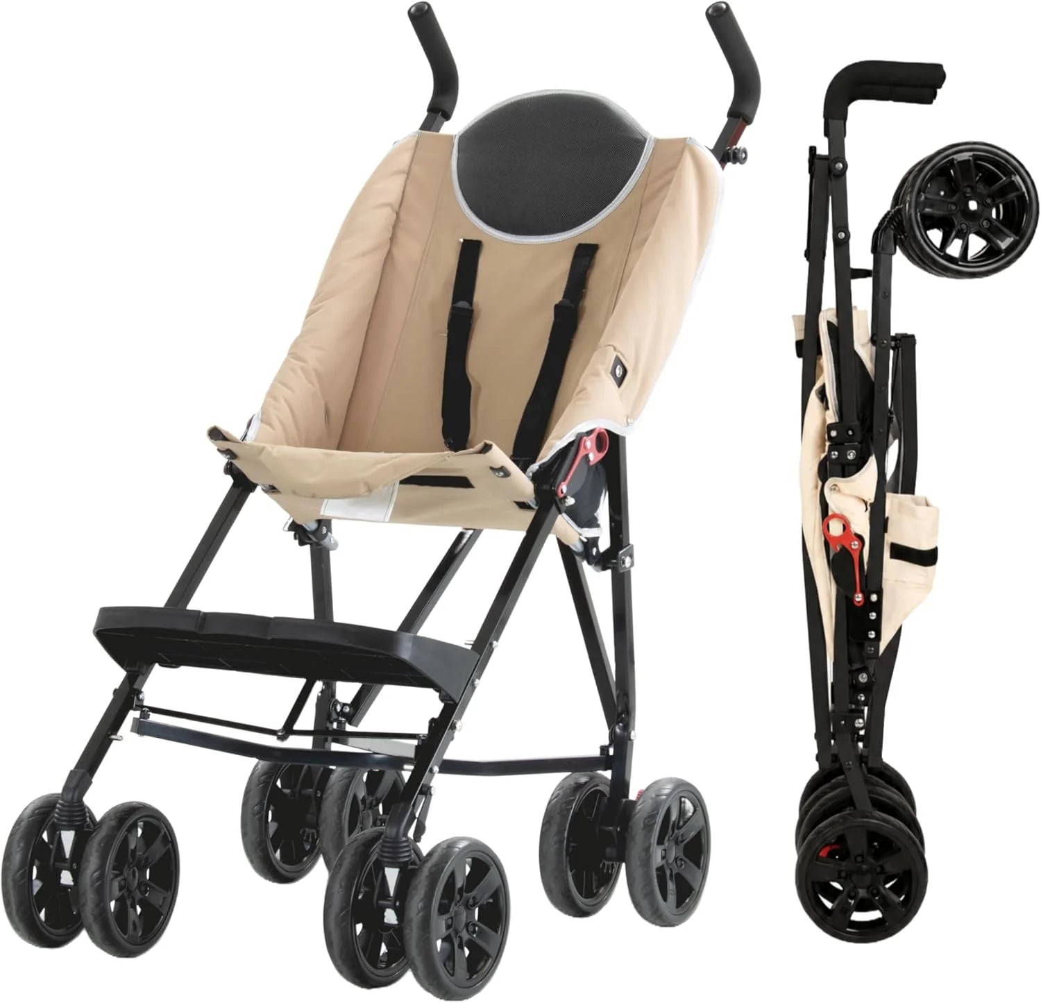 MobiQuip XL-rolstoel voor mensen met een beperking, zand – buggy voor oudere kinderen tot 50 kg – lichtgewicht, opvouwbaar aluminium frame – verstelbare voetsteun en 5-puntsgordel(Zand)