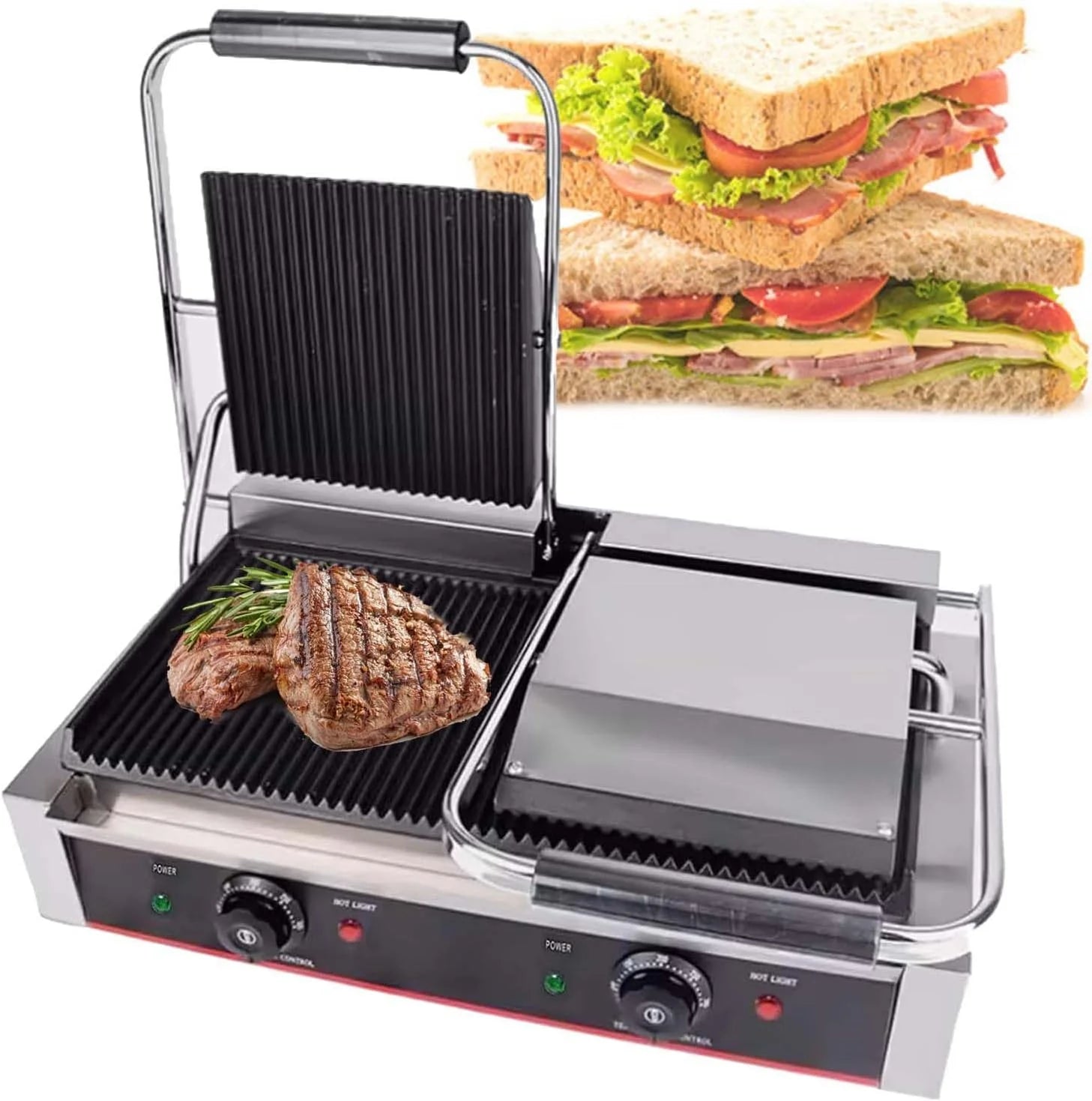 Commerciële sandwichmaker met persfunctie, 180° opklapbare elektrische contactgrill, geschikt voor zowel beginners als professionals, tafelgrill, 50°C–300°C, voor vlees. (19inx9inFlat)(19inx9inGrooved)